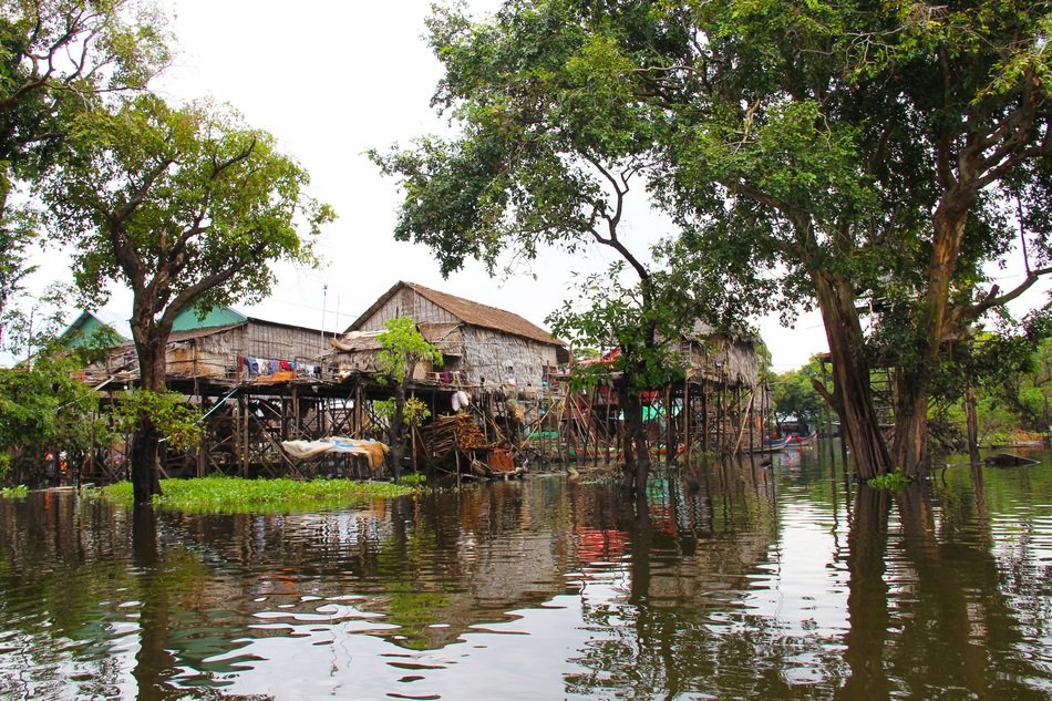 View from the water to a floating village in Cambodia