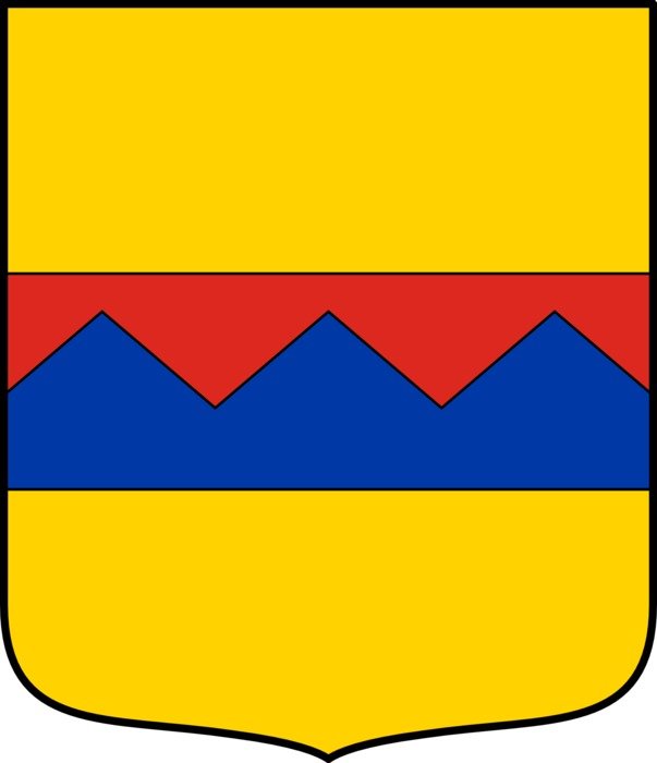 Yellow, blue and red heraldry of the city of Falkenstein at white background