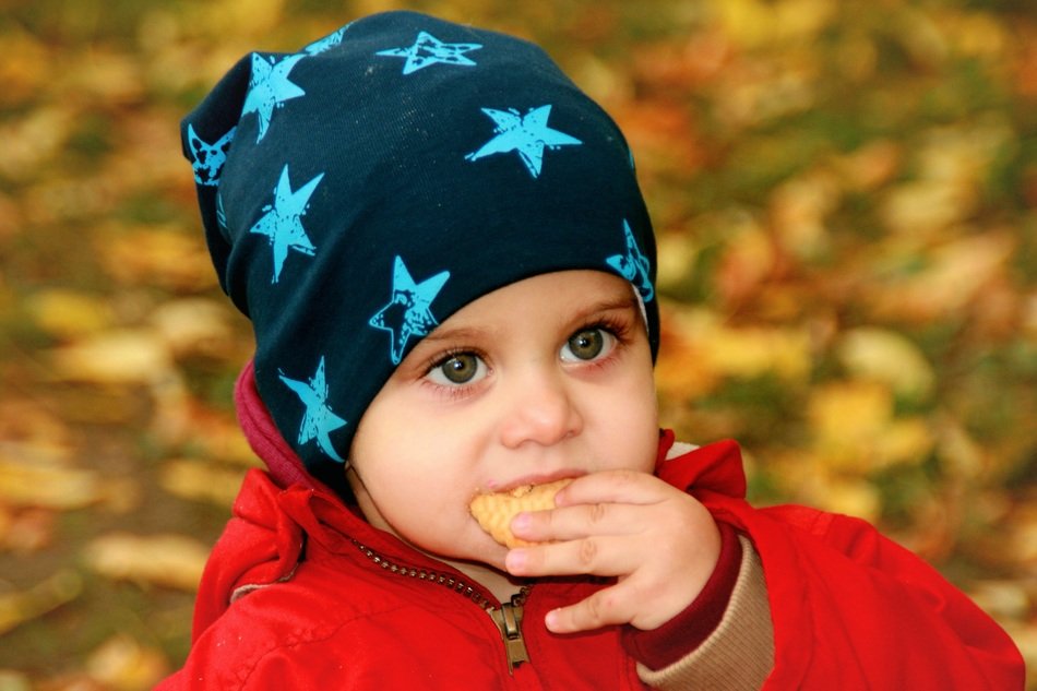 baby with green eyes eating cookie in the park