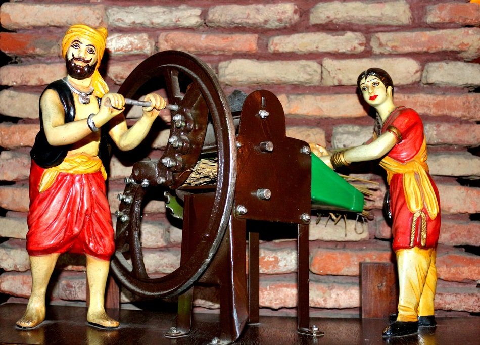 hindu people at work, colorful vintage figures