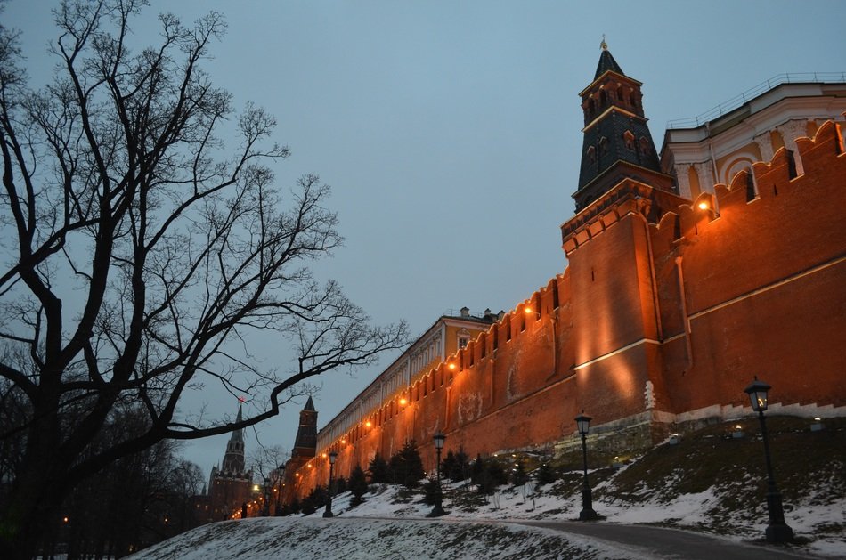 evening illumination of the Kremlin wall in Moscow