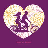Vector flowers outlined couple on tandem bicycle heart silhouette frame N2