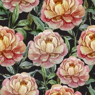Beautiful vector watercolor pattern with peonies on black fon1