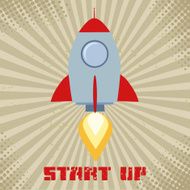 Flat Design Rocket Taking Off With Vintage Background And Text