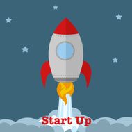 Cartoon Rocket Flat Design Taking Off With Text