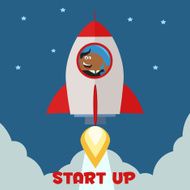 African American Businessman in Rocket With Background and Text