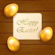 Easter card and eggs on wooden background