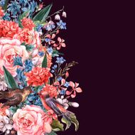 Floral Greeting Card with Blooming Roses and Birds N2
