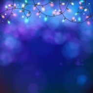 Blue party background with garland and bokeh