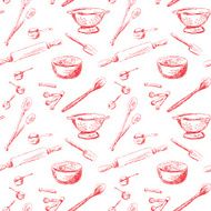 Seamless Repeating Retro Kitchen Gadgets Pattern Red Lineart on White