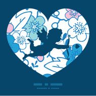 Vector blue and pink kimono blossoms shooting cupid silhouette frame