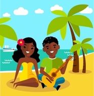 Romantic African American couple playing a guitar at the beach