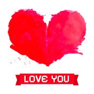 Vector Watercolor Red Heart with Love You Paper Title