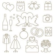 Wedding related vector outline icons set