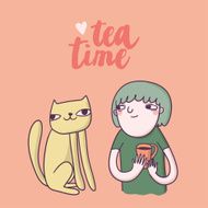 Girl with cat Drinking Tea Cute bcard in cartoon style