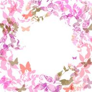 Spring background Colorful butterflies wreath with pink lilac leaves watercolor