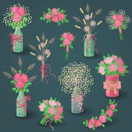 Set of Pink Flowers Bouquets and Floral Elements