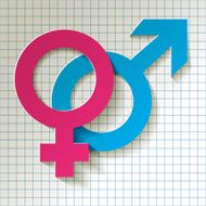 Venus and Mars vector symbols pink blue on checkered background
