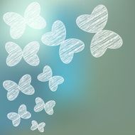 White scribble butterflies on a blue bokeh background
