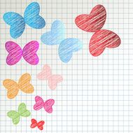 Colored scribble butterflies on a checkered paper background