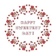 Circular ornament with doodle heart shaped cookies and cupcakes