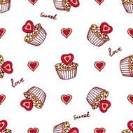 Seamless pattern with doodle heart shaped cookies and cupcakes