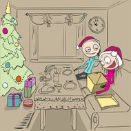 Christmas dinner Girl unpacks gift Couple in love at home