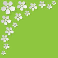 White flowers pearls in the corner on a green background