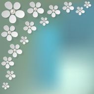 White flowers pearls in the corner on blue bokeh background
