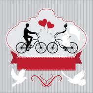 Vintage wedding frame with bicycle and pegions