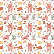 Stunning seamless pattern with bear fish ball flowers and leafs N2