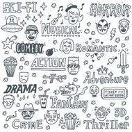 Movie Genres TV Shows Series Funny Doodle Vector set