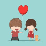 Boy heart-shaped balloons gives Girl and cat cute Valentine&#039;s N2