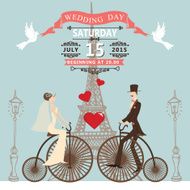 Wedding invitation Bride groom on retro bike Eiffel tower