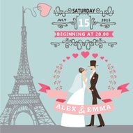 Wedding invitation Bride groom floral wreath Eiffel tower