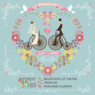 Wedding invitation Bride groom on retro bike floral heart