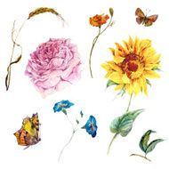 Set of vintage watercolor flowers leaves and bud