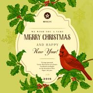 Vintage vector card Bird on a branch of holly