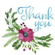 Thank you tag in watercolor floral wreath burgundy anemone flower