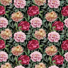 Beautiful vector watercolor pattern with peonies on black fon3