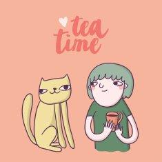 Girl with cat Drinking Tea Cute bcard in cartoon style