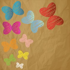 Colored scribble butterflies on a crumpled paper brown background