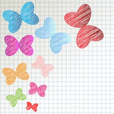 Colored scribble butterflies on a checkered paper background