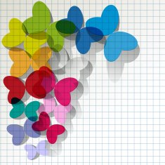 Transparent colored butterflies on a checkered paper background