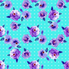 Watercolor seamless pattern with violet flowers and polka dot background N2
