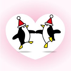 Two Dancing Santa Penguins Partying on White Heart N3