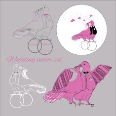 Illustration set of wedding kissing doves with tex