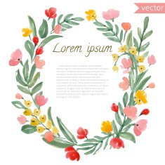 Watercolor Vintage Leaf and Flowers round frame N2