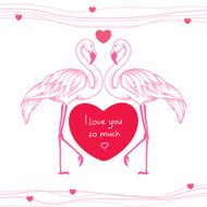 Two dotted pink flamingos couple in love with red heart