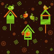 Birds with birdhouses on a brown background flowers N2